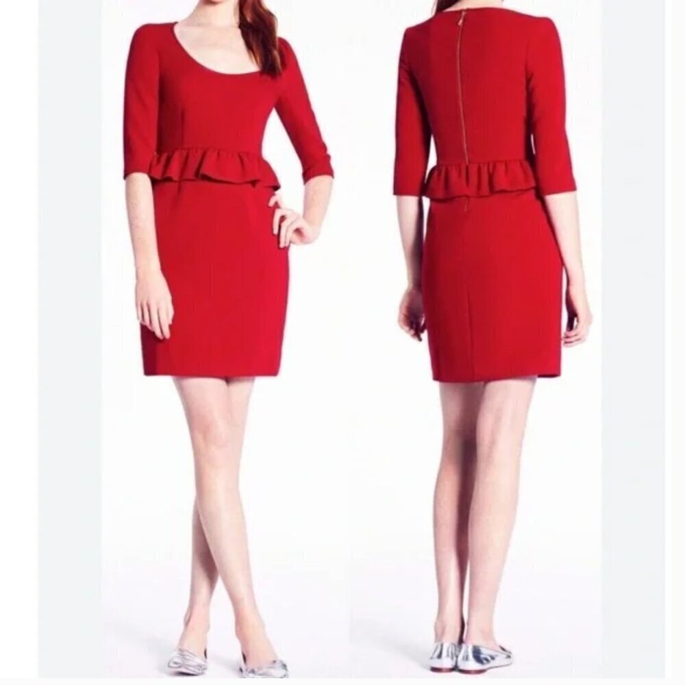 Kate Spade Mary Dress Peplum Hem Sheath Mini 3/4 Sleeve A-Line Deep Red Size 6